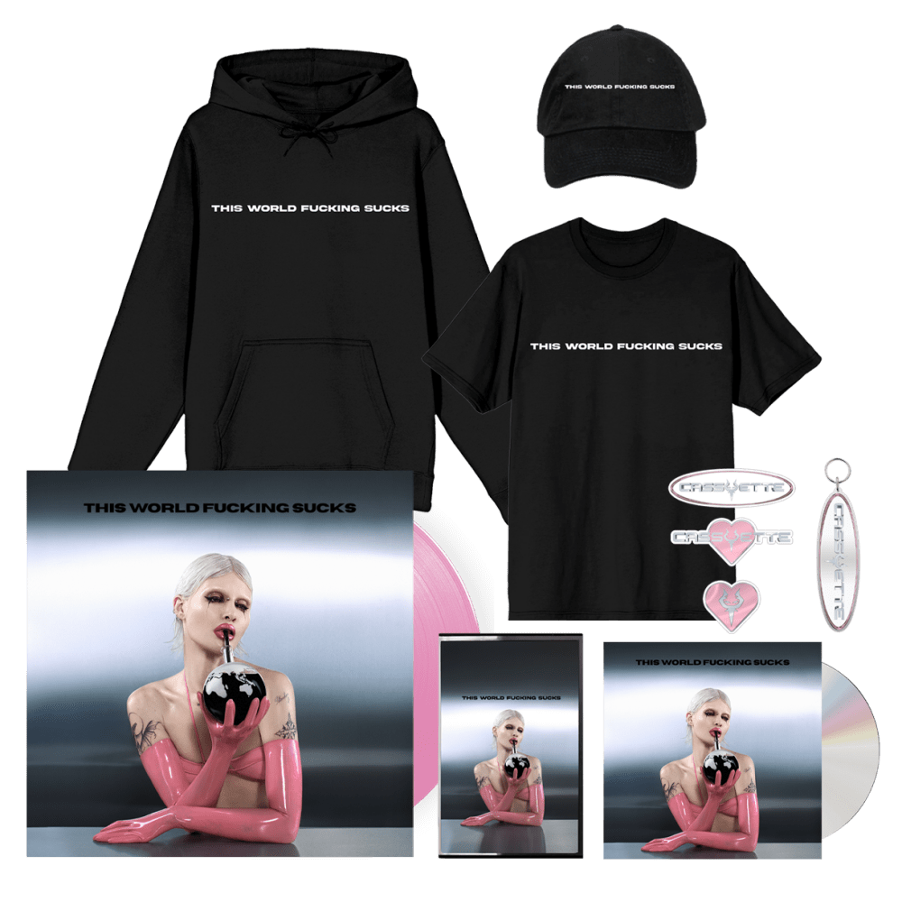 Cassyette - This World Fucking Sucks Pink Vinyl CD Cassette Hoodie T-Shirt Cap Keyring & Sticker Pack