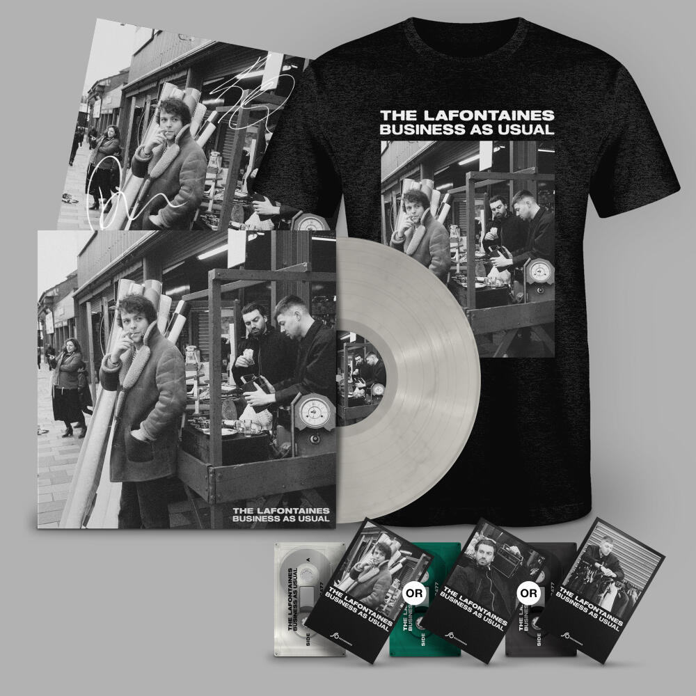 The LaFontaines - Business As Usual' Pearl White Vinyl,  Choice of Cassette, T-Shirt Signed Print