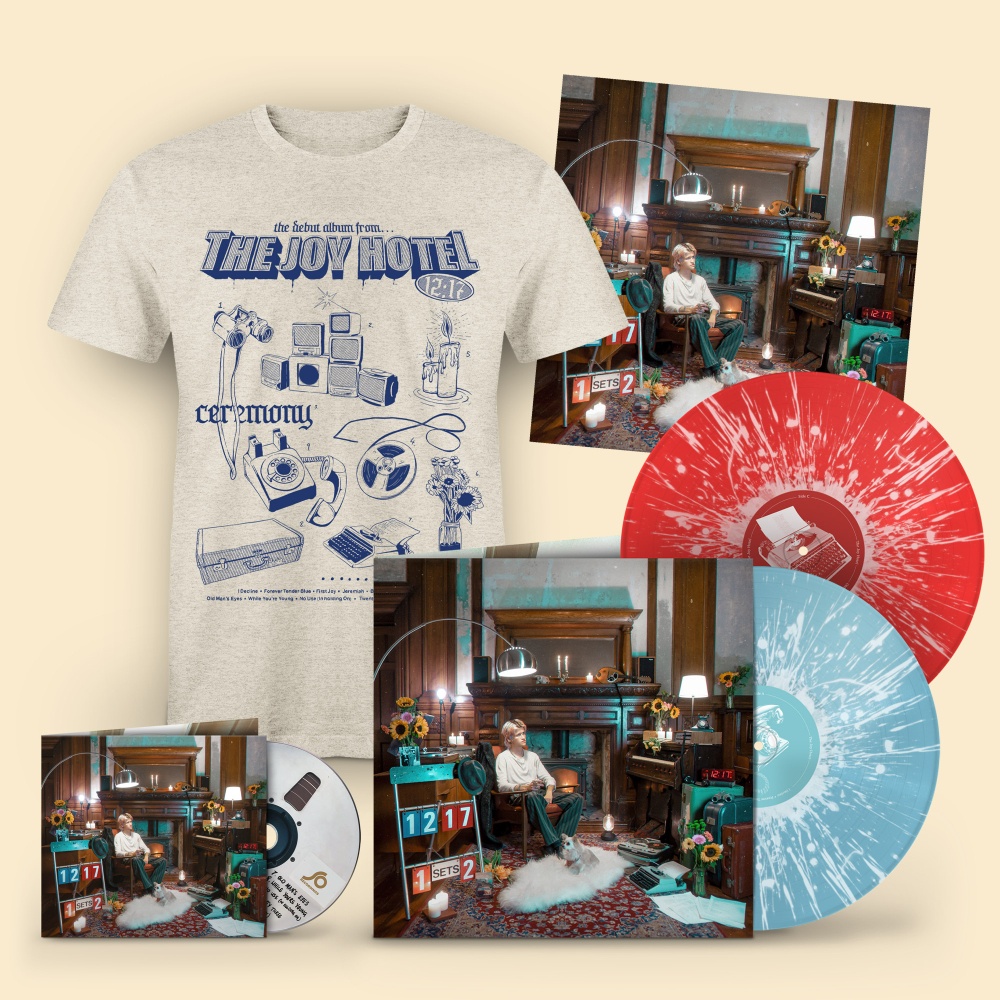 The Joy Hotel - Ceremony' Blue/Red Double Vinyl with White Splatter CD 'Flash-Book' T-Shirt Signed Print