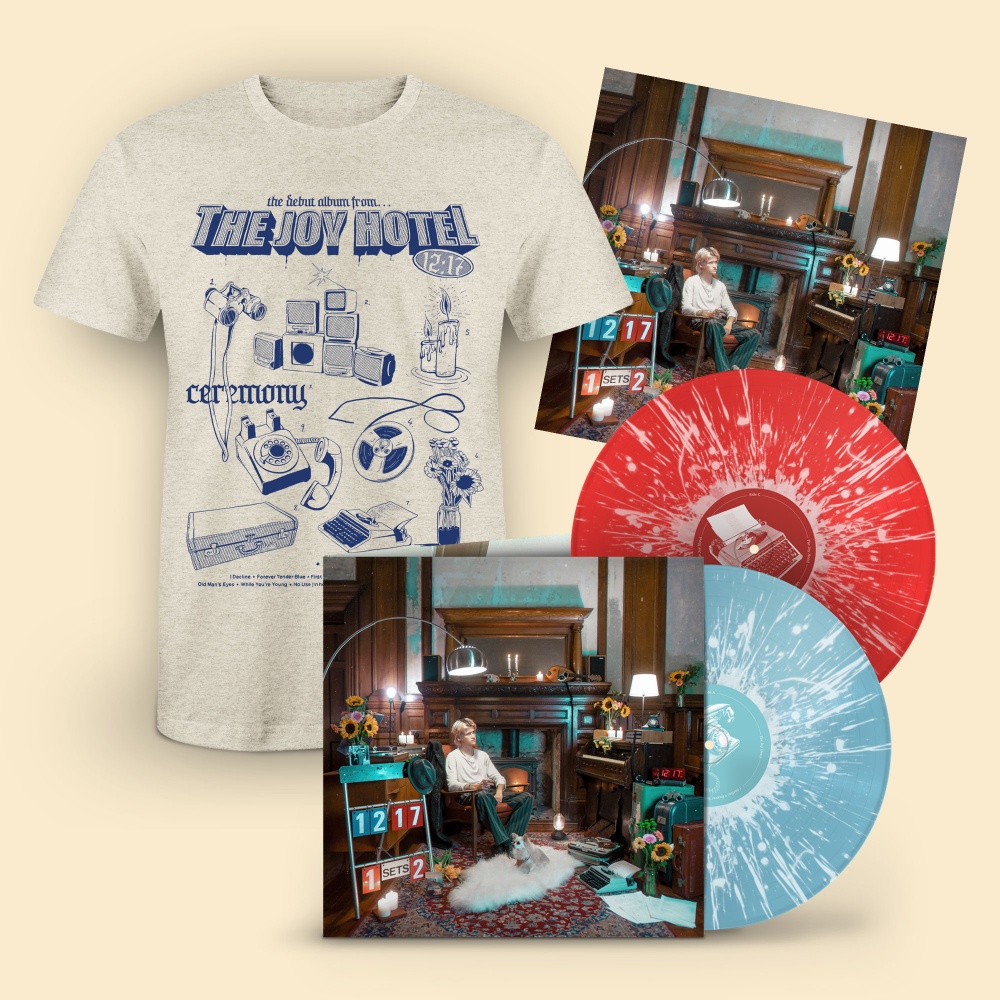 The Joy Hotel - Ceremony' Blue/Red Double Vinyl with White Splatter 'Flash-Book' T-Shirt Signed Print