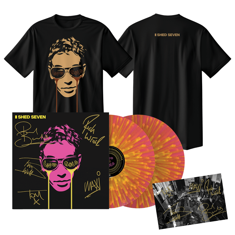 Shed Seven - Liquid Gold Pink with Yellow Splatter Signed Double Vinyl T-Shirt