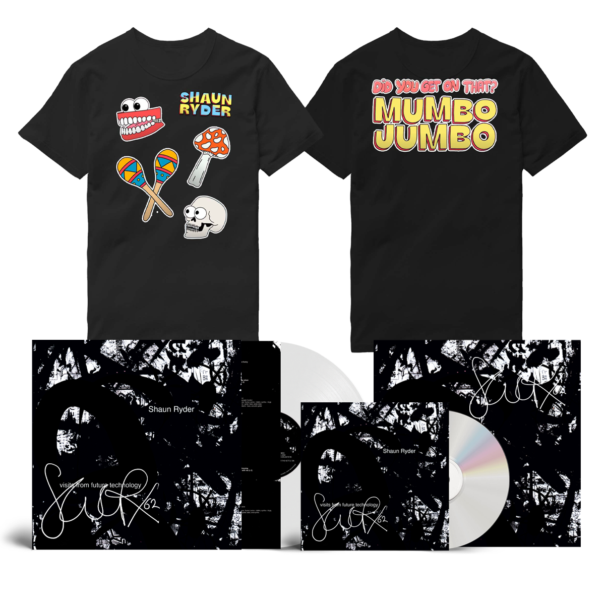 Shaun Ryder - Visits From Future Technology CD White Vinyl Mumbo Jumbo T-Shirt Inc 12x12 signed album art print